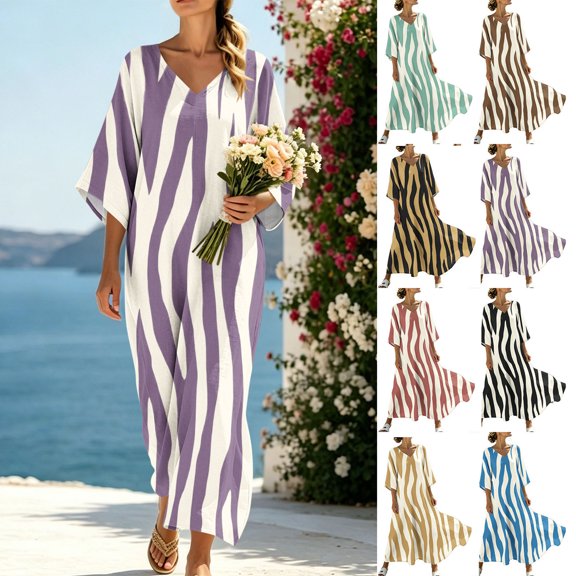 Dvprdro V Neck 3/4 Sleeve Moire Print Maxi Dress for Women Loose A Line Flowy Summer Beach Vacation Boho