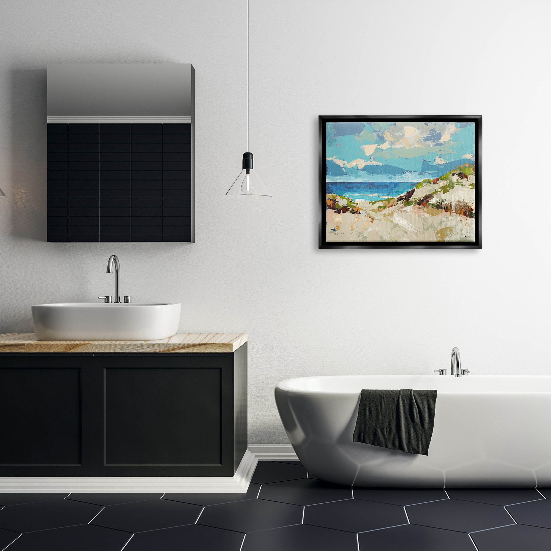 Stupell Industries Modern Beach Landscape Painting Jet Black Floating Framed Canvas Print Wall Art, Design by Trevor Copenhaver