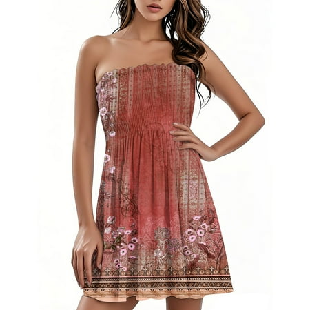 OAMDNDEA Beach Dresses for Women 2025 Vacation Strapless Floral Print Tube Top Dress Summer Sleeveless Beach Coverups Sexy Flowy Off the Shoulder Boho Dress Beach Vacation Clothes Hot Pink L