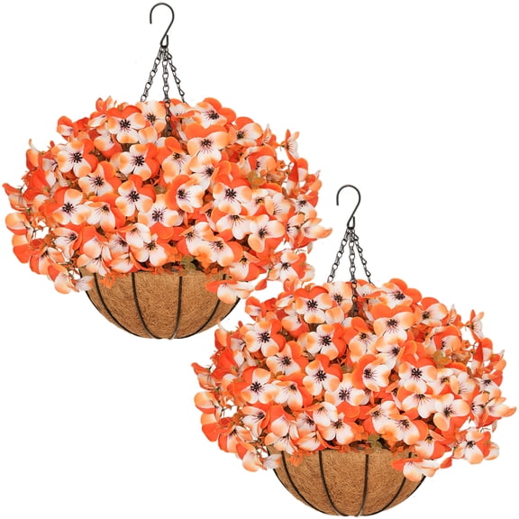 2Sets Artificial Hanging Basket Outdoor Simulation of Pansy Flowers, Suitable for Courtyard Front Porch, Garden Balcony Autumn Flower Basket Decoration (Orange, White)