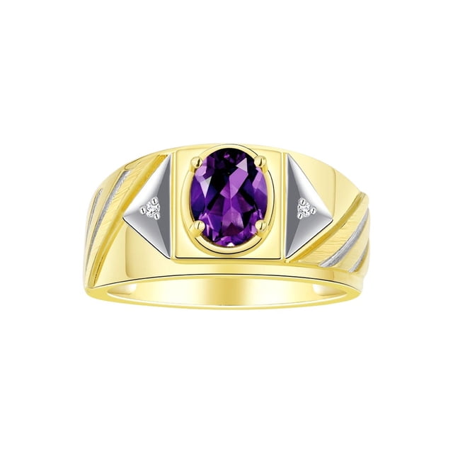 RYLOS Men's Rings 14K Yellow Gold Ring Classic Designer Style 8X6MM Oval Gemstone & Diamond Ring Amethyst Birthstone Rings For Men Size 11