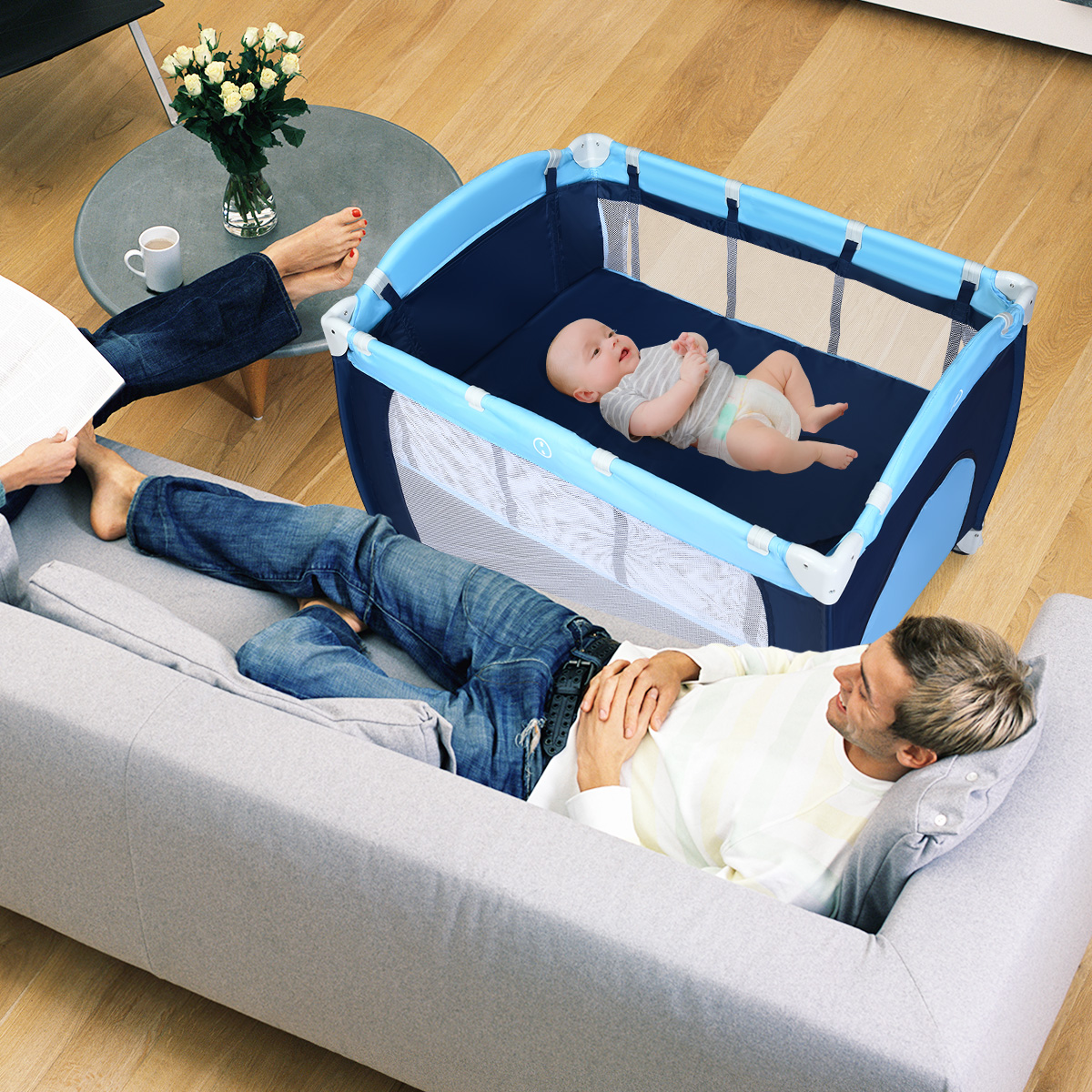 Costway Foldable Baby Crib Playpen with Bassinet and Mosquito Net photo 5