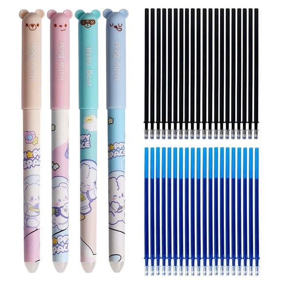 CoreLiving Erasable Gel Pens 0.5mm Fine Point for Writing, Cute Animal Design Retractable Pens with 20 Ink Refills for Note Taking, 4-Piece Set (Black)