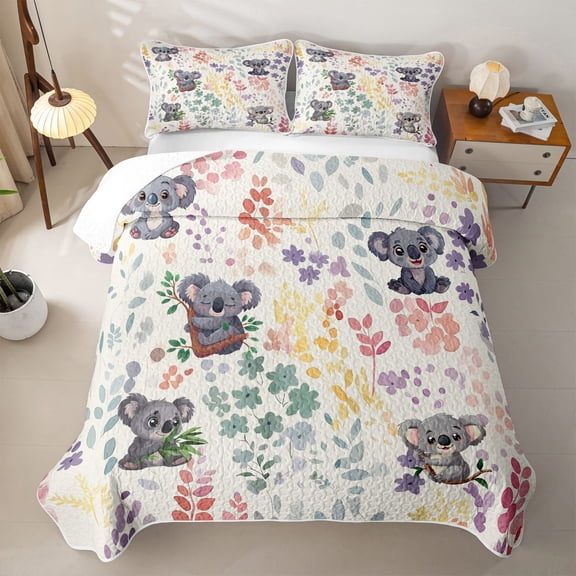 Erosebridal Kawaii Flower Koala Twin Quilt Set for Girls, Watercolor Floral Leaf Twin Coverlet Set, 2 Pieces