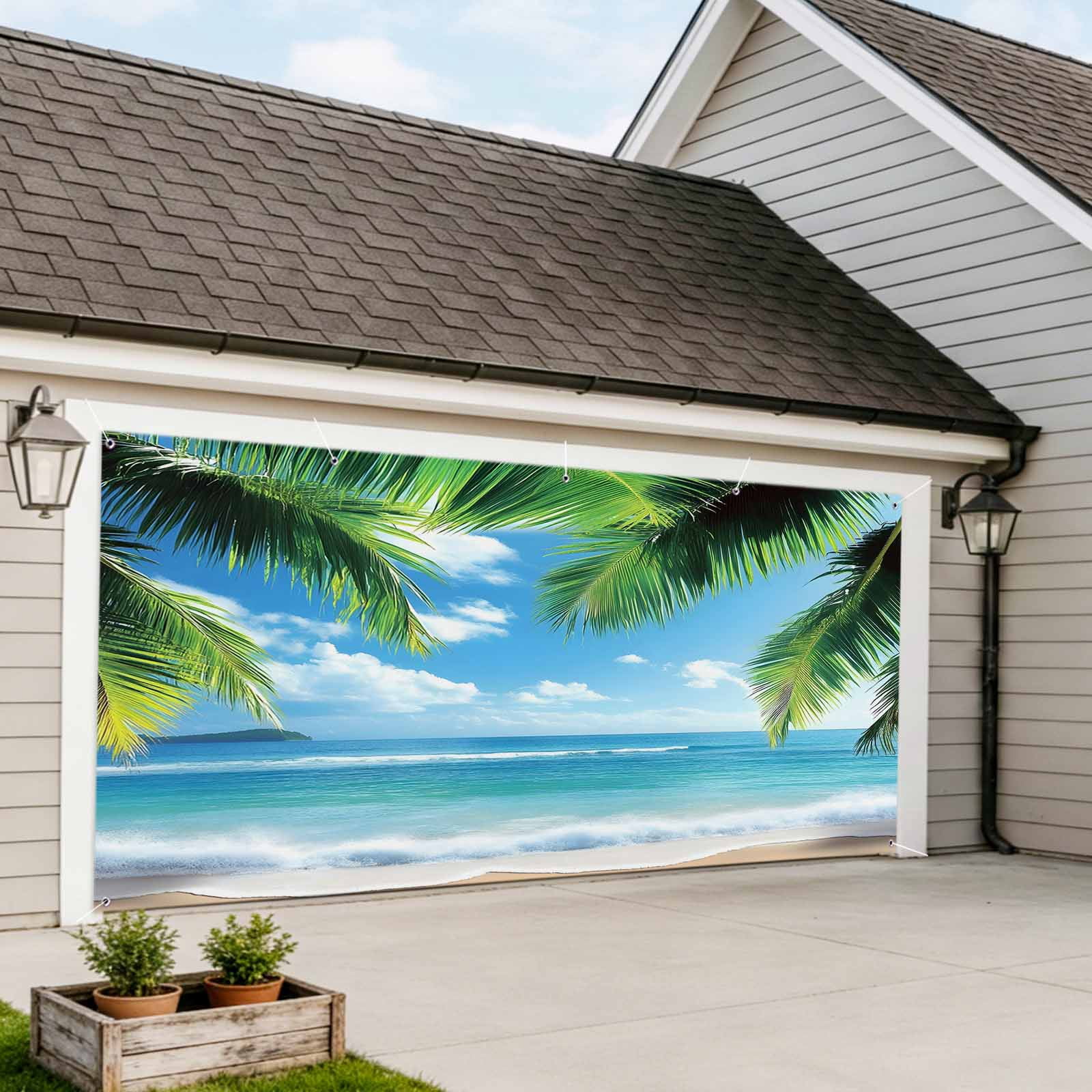Beach Ocean Waves Garage Door Cover Banner 7 x 16 FT, Summer Tropical Palm Tree Leaves Garage Door Curtains Backdrop with Grommets for Indoor Outdoor Wall Party Porch Yard Decorations Background