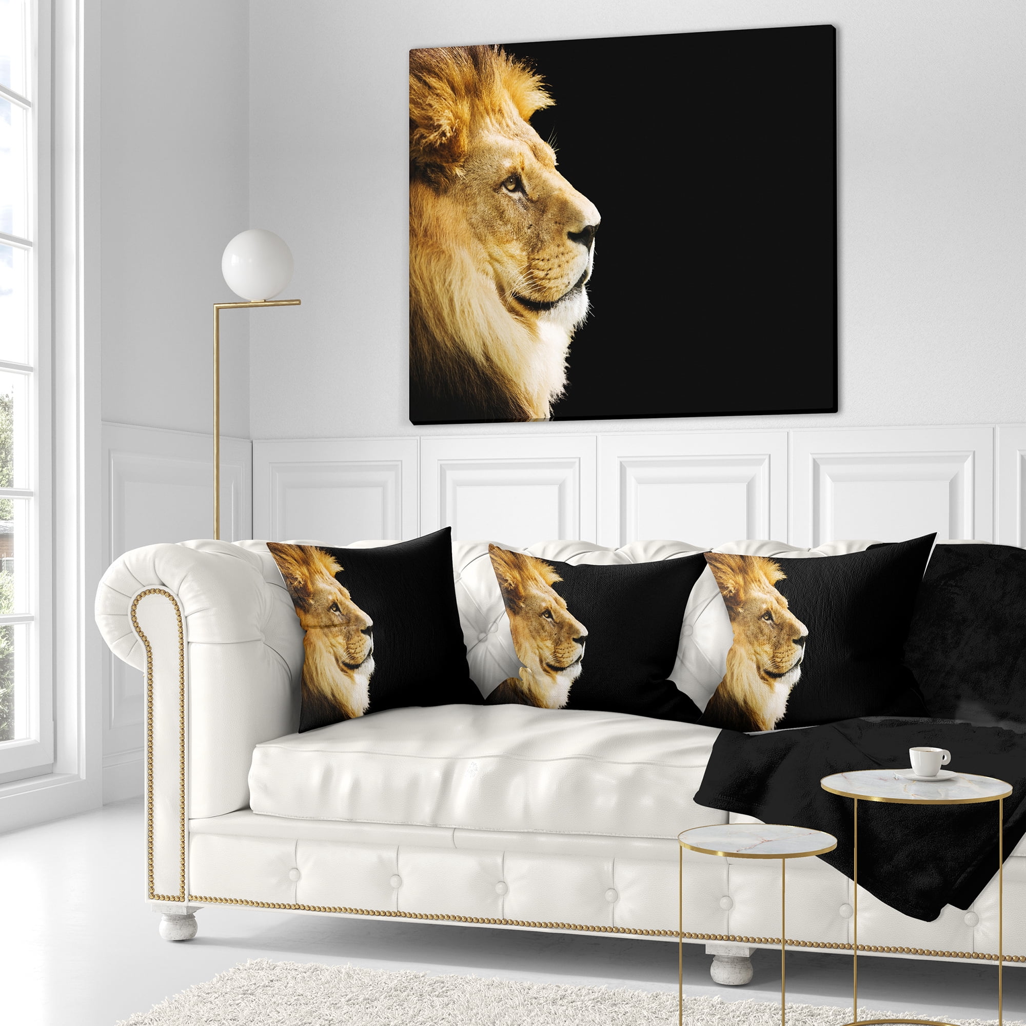 Designart Large Lion Portrait on Black - African Throw Pillow - 18x18