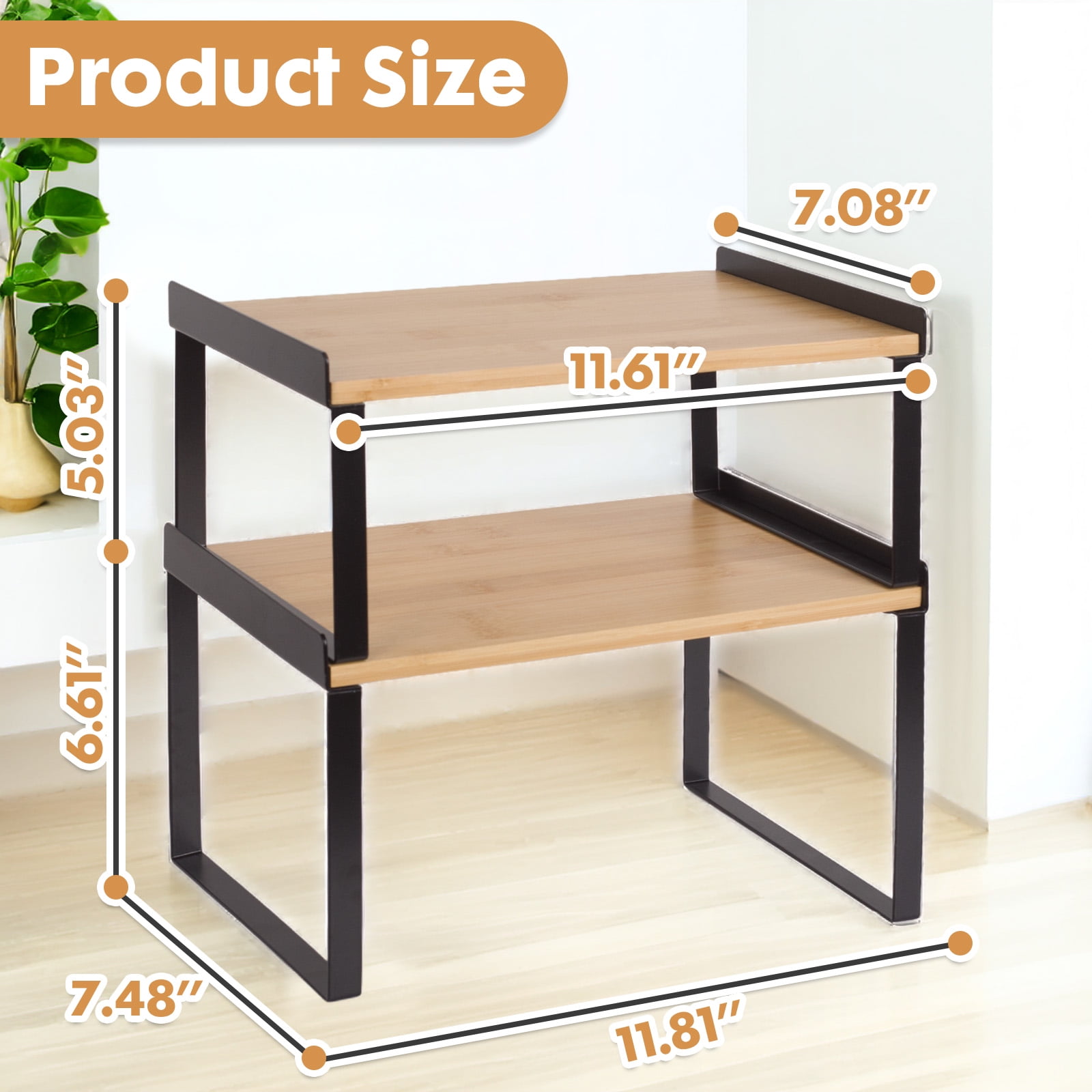 YOYTOO Kitchen Counter Organizer, 2 Pack Wooden Stackable Kitchen Countertop Cabinet Storage Shelves Spice Rack for Pantry