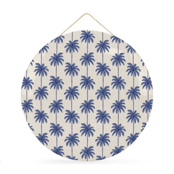 Welcome Sign for Front Door, Navy Blue Palm Trees Round Metal Wall Art Wreaths, Tropical Summer Seaside Rustic Outdoor Indoor Wall Hanging Sign for Porch Decor Housewarming Gifts 11.8 Inch