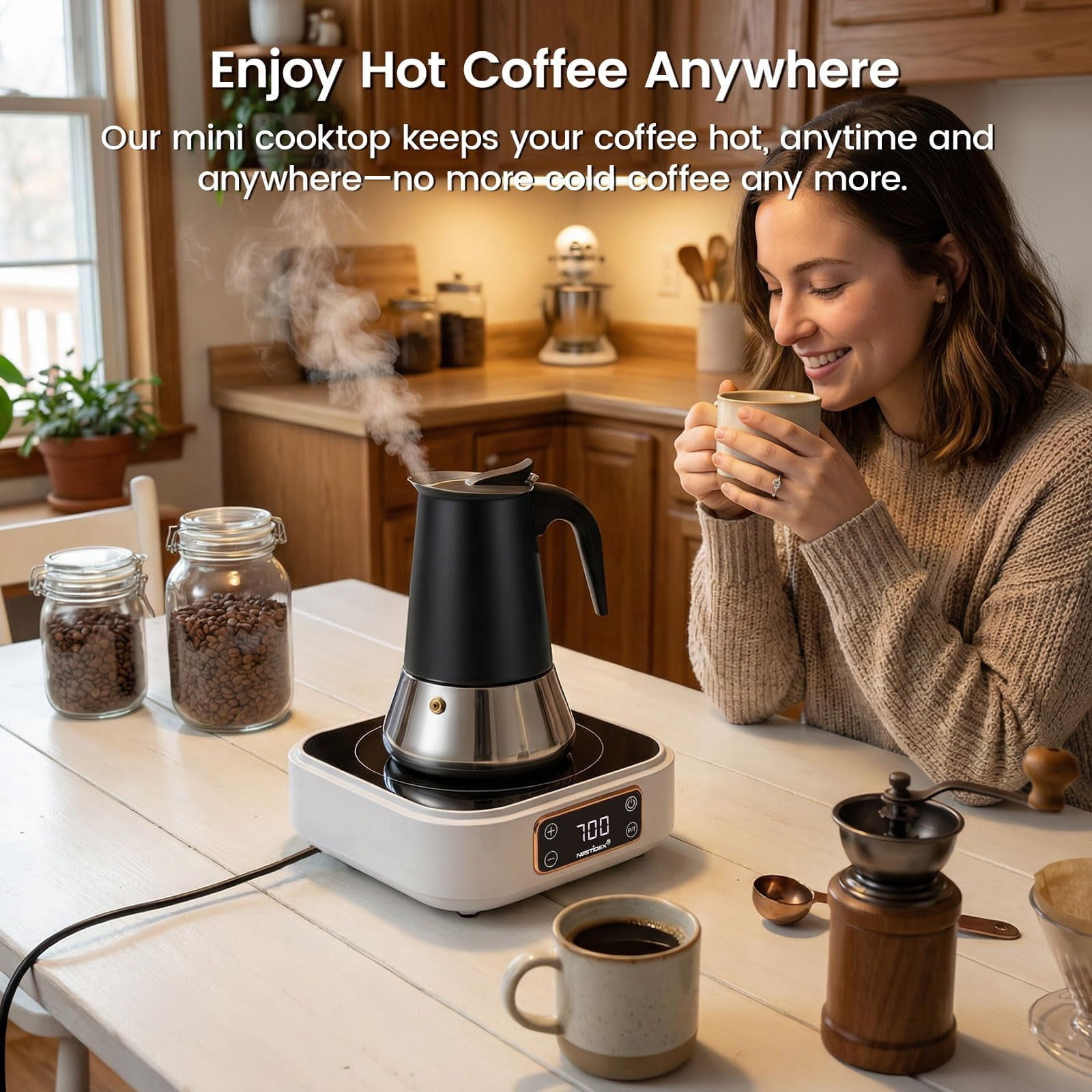 Abangdun 700W 120V Mini Induction Cooktop with Stainless Steel Moka Pot 4 Cup (5.7 Oz)– Stovetop Espresso Maker Set, Espresso Stove Top Coffee Maker for RV, Travel, Small Kitchen Electric Stove
