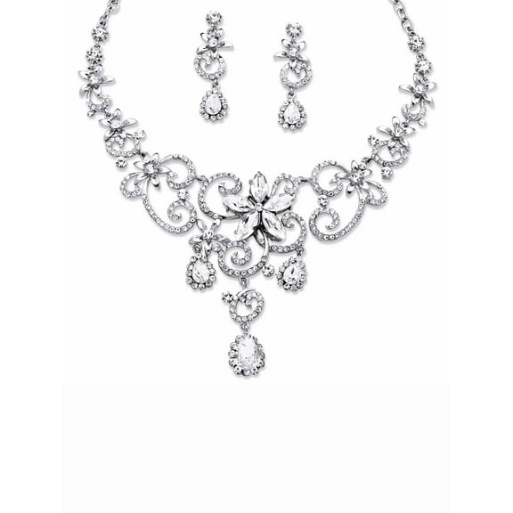 PalmBeach Jewelry Swirl and Flower Crystal Necklace and Earrings Two-Piece Set in Platinum-Plated