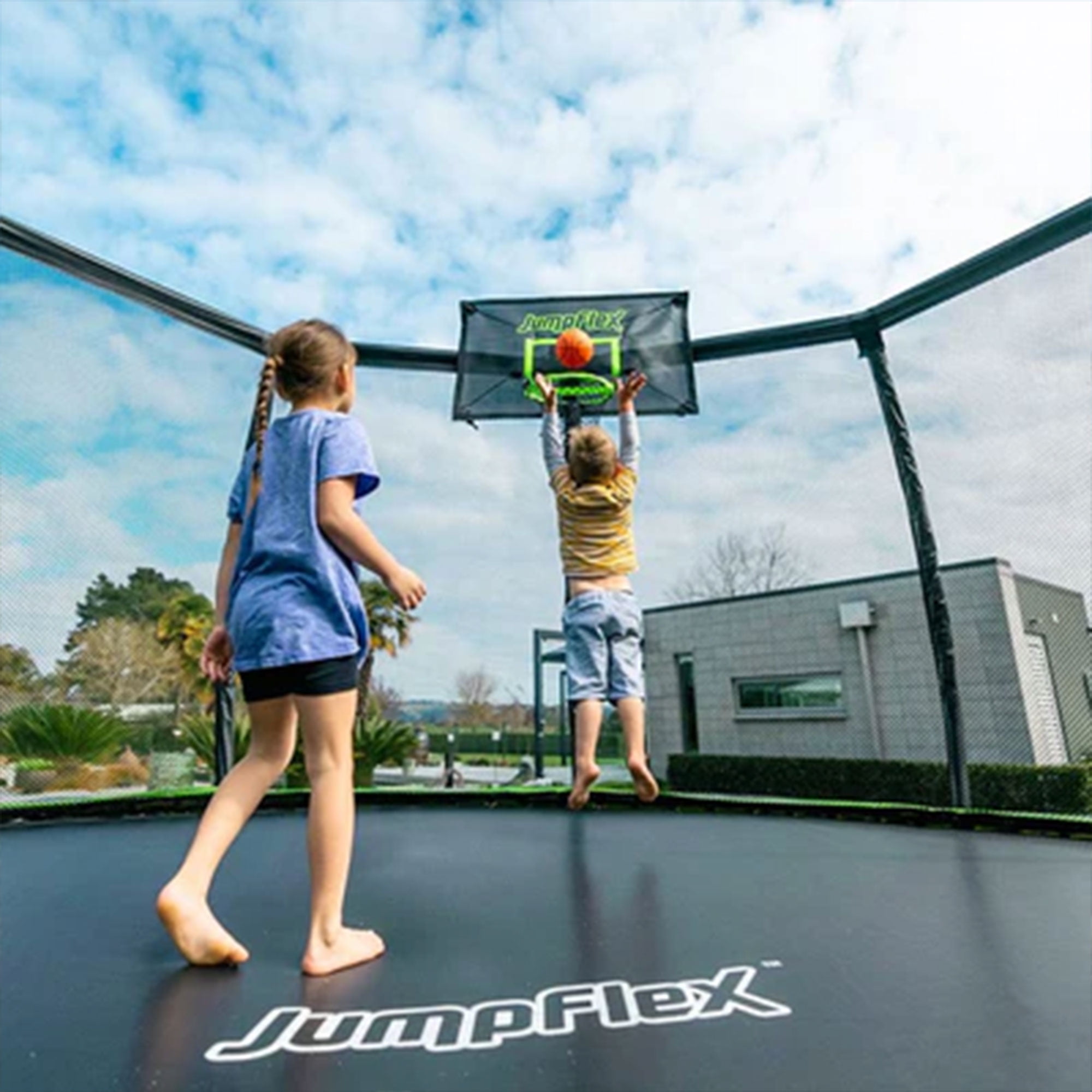 JumpFlex HERO 14' Trampoline with PROJAM Basketball Hoop and Net Attachment