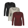 thumbnail image 4 of Women's Junior and Plus Size Basic Scoop Neck Tshirt Long Sleeve Tee, 2XL, 3Pk Black, Oatmeal, Burgundy, 4 of 5