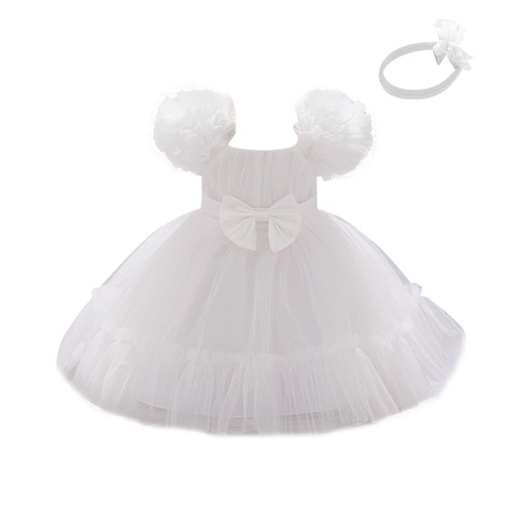 Zpanxa Girls Summer Dress Toddler Bow Performance Dress Solid Round Neck Sleeveless Pleated Mesh Princess Dresses White 12 Months