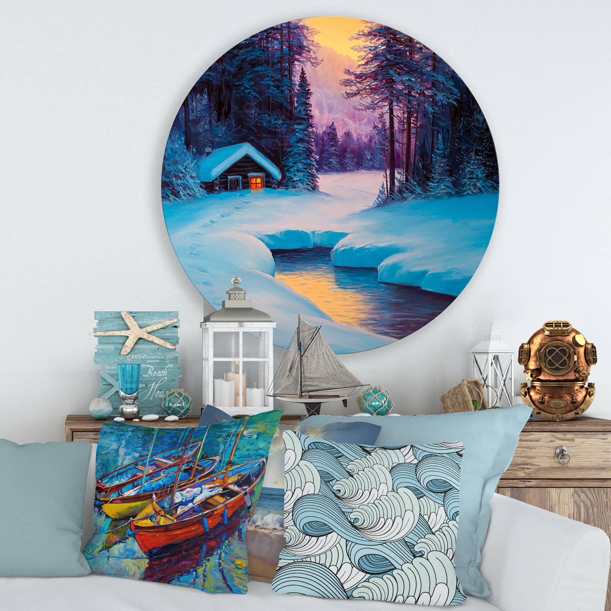 Designart 'Old Cabin In Winter Forest In Evening Glow II' Traditional Circle Metal Wall Art 29x29 - Disc of 29