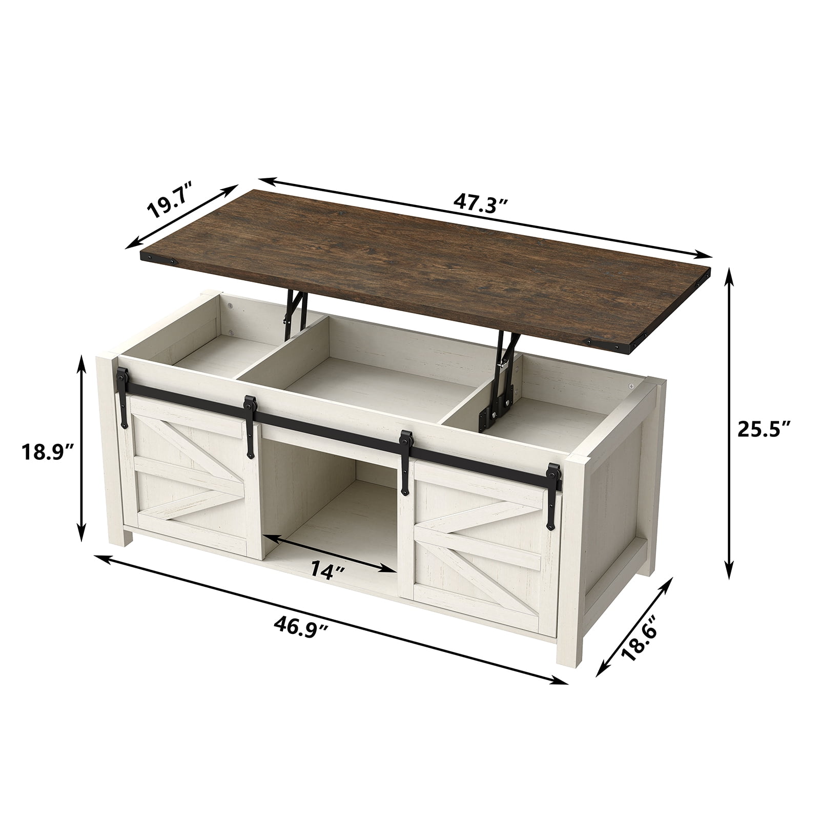 Furnihold 47.3''W Lift Top Coffee Table with Storage, Center Table with Sliding Barn Doors, Farmhouse Wood Rectangle Coffee Table for Living Room Home Office, Brown Top