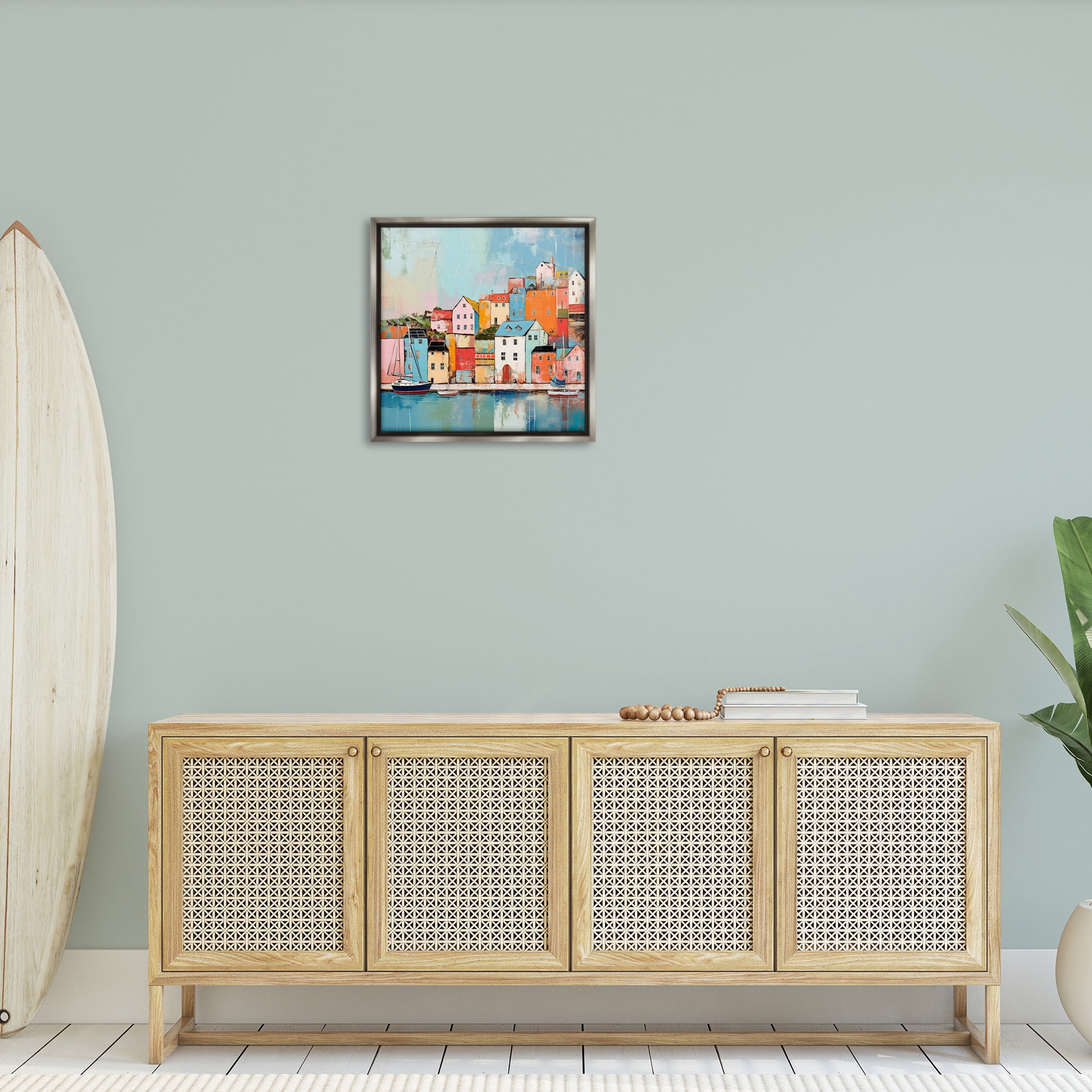Stupell Industries Seaside Neighborhood Painting Transportation Painting Gray Floater Framed Canvas Art Print Wall Art, 25 x 25