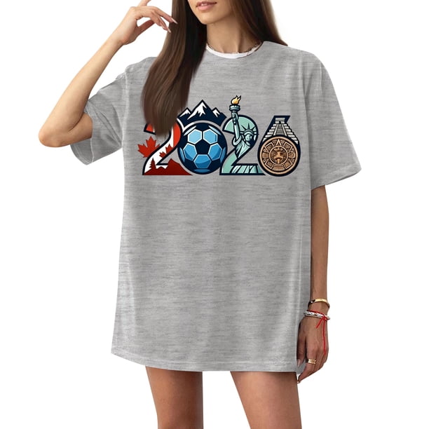 Women's Football Graphic T-Shirt, Women's Soccer Letter Print Short Sleeve T-Shirt - Casual Summer Neck Top for Sports Fans, Everyday Wear for Soccer Tournament 2026 Light Gray Size: S