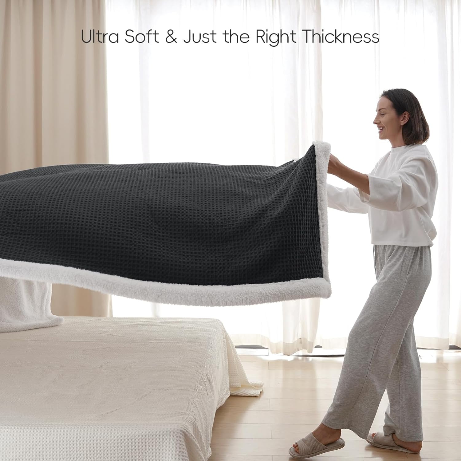 PHF Waffle Sherpa Bed Blanket Twin Size, Cozy Warm Reversible Plush Flannel Blanket for Winter, 60" x 80", Black