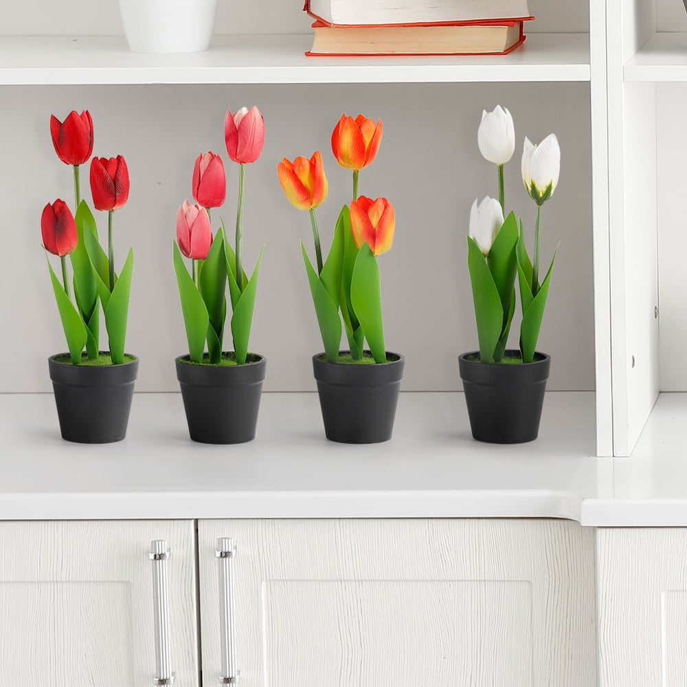 4-pcs Faux Tulip Decoration with Clay Plastic Pot 11.2 Inch Small Tulip Center Ornament Fake Potted Flowers Suitable for Shelf Tables Centerpiece Wedding Home Decoration