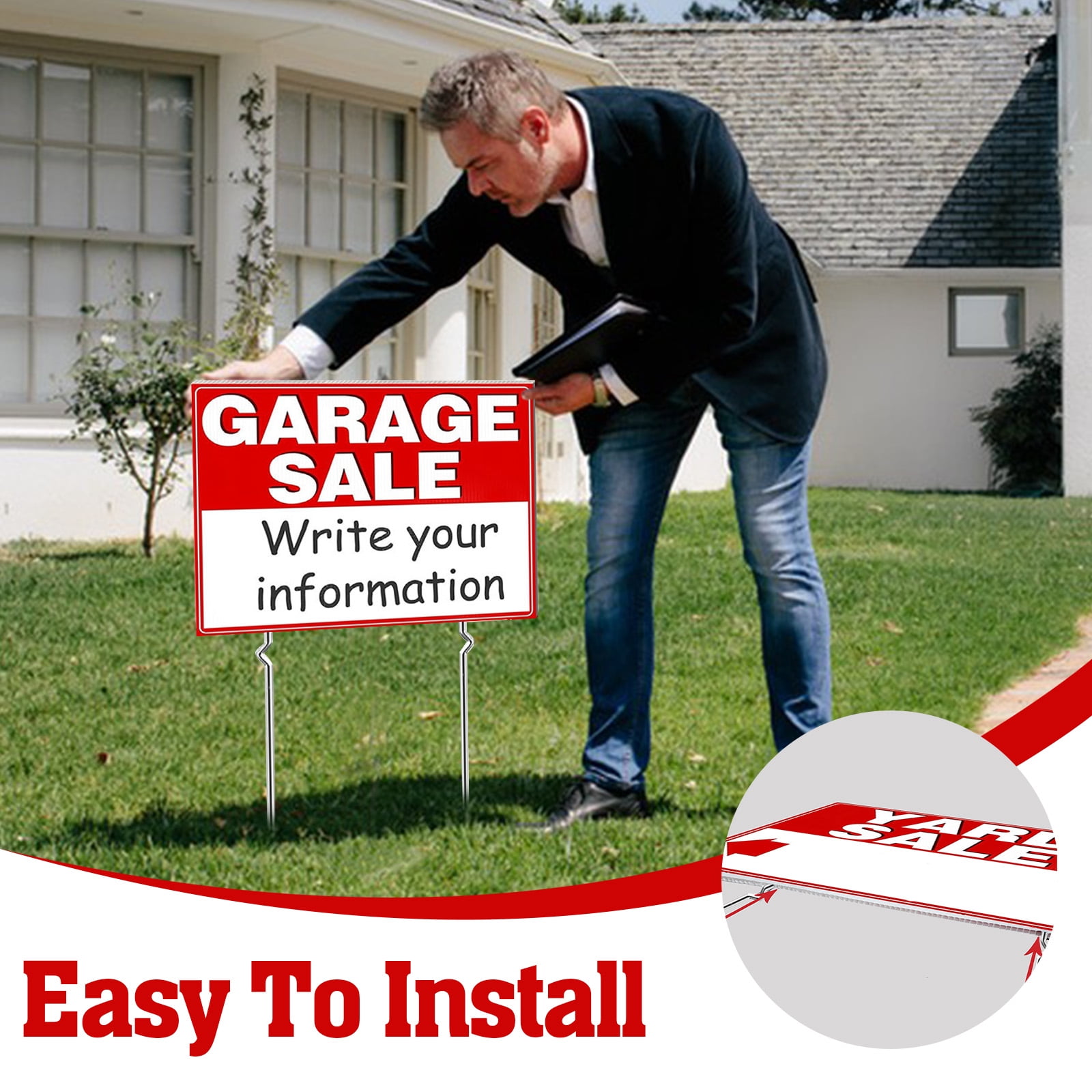 VEGCOO Garage Sale Kit (5 Pcs) 13x17 inch with Metal Stakes & 4 Price Stickers - Reusable Double-Sided Weatherproof Garage Sale Signs, Directional Arrow Sign for Yard Sales Supplies, Weatherproof