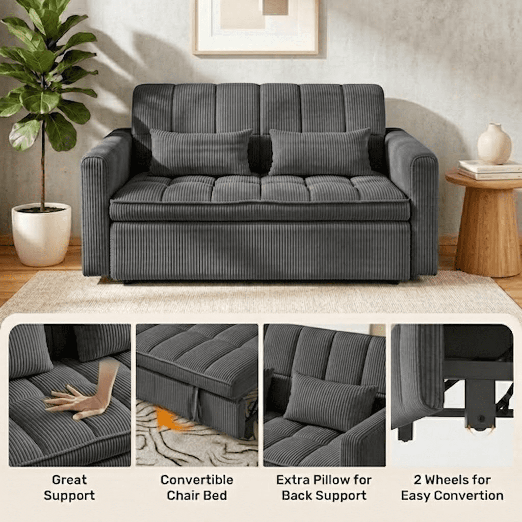 Howcool Sleeper Sofa Bed, Pull Out Couch, 3-in-1 Convertible Loveseat Sofa with Adjustable Backrest, Corduroy Couch for Living Room, Apartment & Small Space，Dark Grey