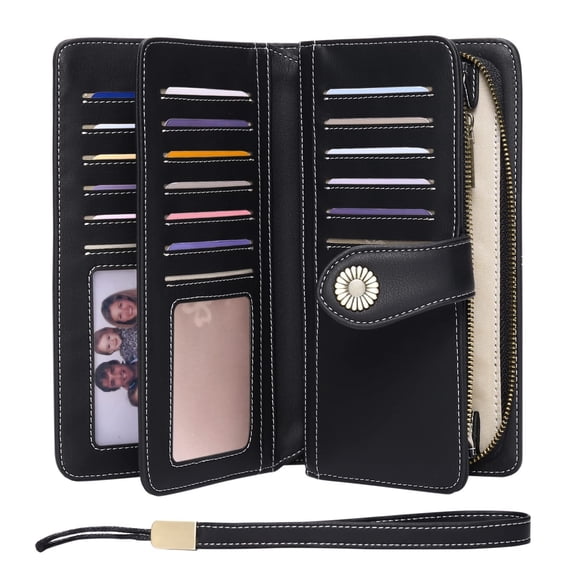Women's Wallet Genuine Leather Blocking Large Capacity Trifold Ladies Wallet Wristlet Clutch Card Holder