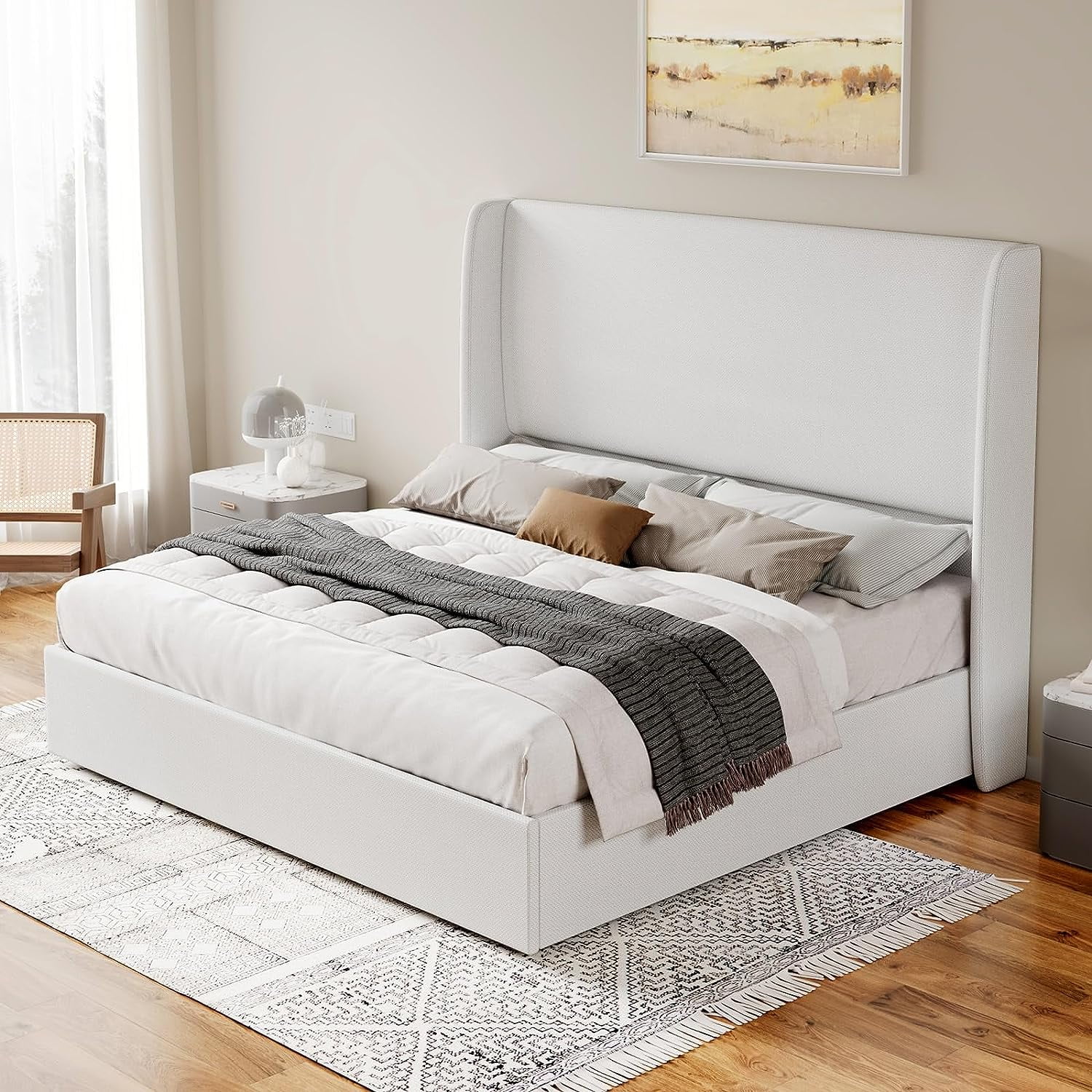 Merluxy King Bed Frame with Lift-Up Storage, Linen Upholstered Platform, Wingback Headboard, No Box Spring Needed, White