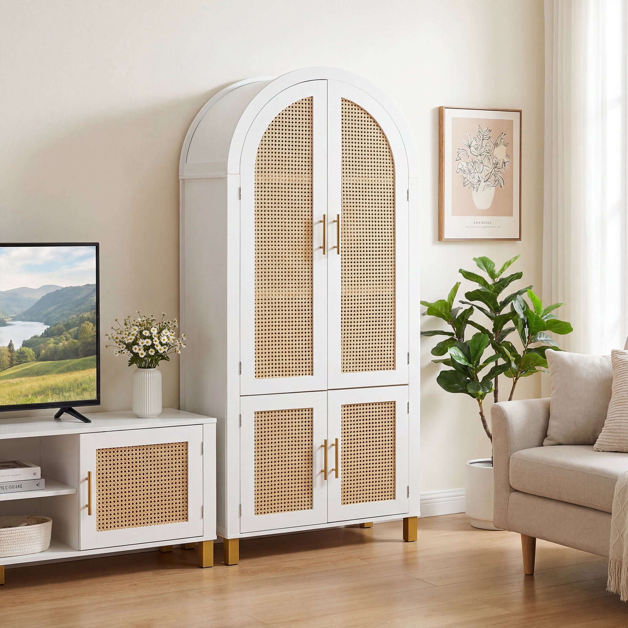 Howcool 71" Tall Arched Kitchen Pantry with Rattan Doors & Adjustable Shelves,Farmhouse Buffet Storage Cabinet with Built-in Racks for Kitchen,Dining Room,White