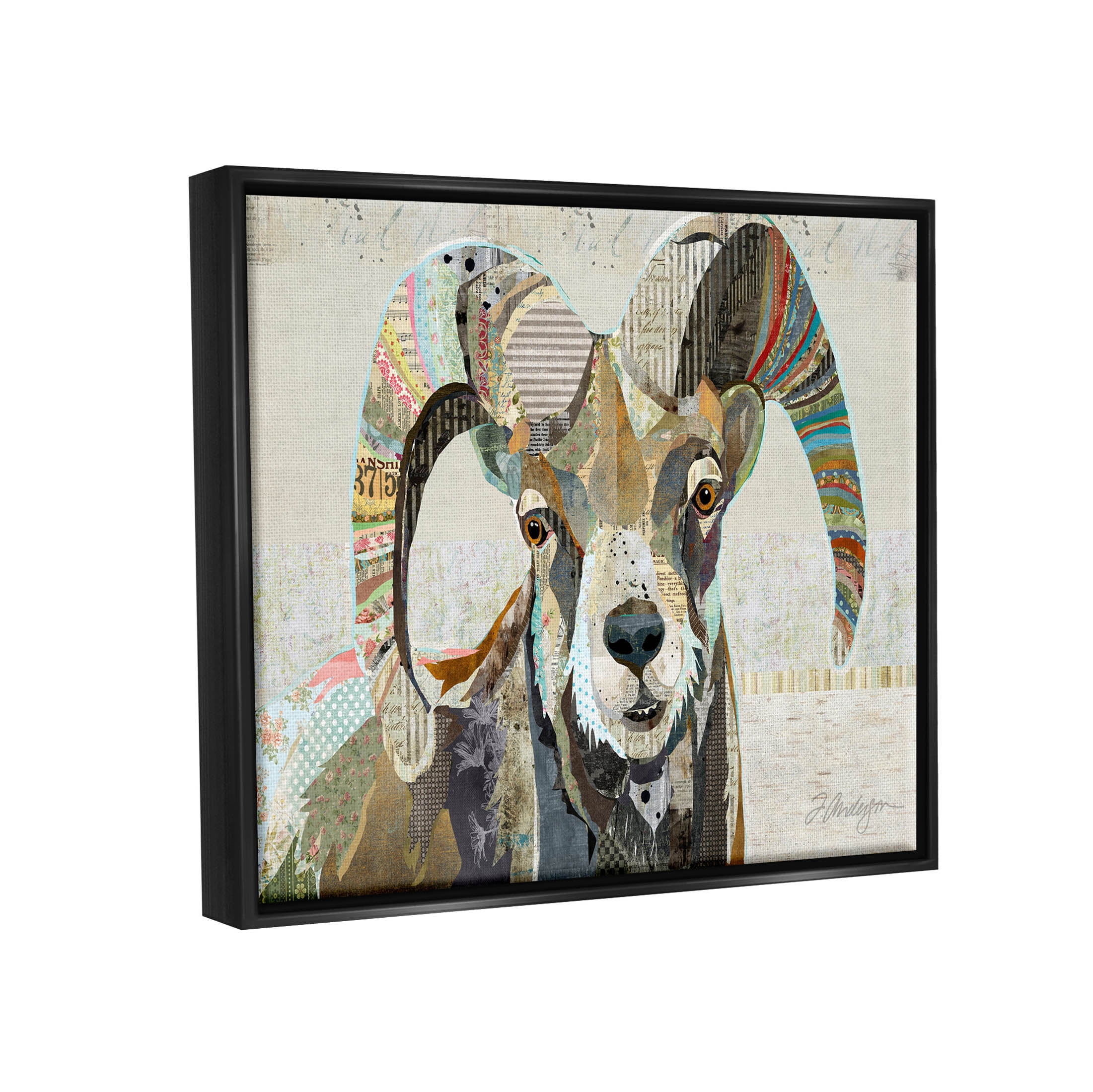 Stupell Industries Goat Striped Horns Ephemera Collage Graphic Art Jet Black Floating Framed Canvas Print Wall Art, Design by Traci Anderson