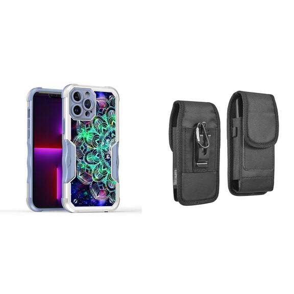 Case and Pouch Bundle for iPhone 14: Heavy Duty Armor Rugged Case (Teal Galaxy Mandala) and Vertical Rugged Nylon Belt Holster