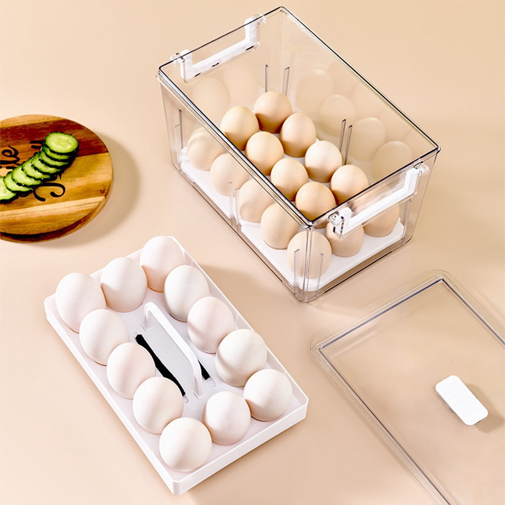 Kitchen Refrigerator Plastic Clear Storage Box Transparent Food Egg Dumplings Storage Containers Fridge Produce Saver Stackable Organizer with Lids Removable Drain Tray