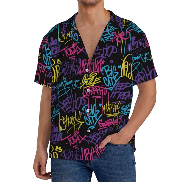 Fotbe Graffiti Art Camisa Estampada de Manga Corta para Hombre, Casual de Verano, Estilo Playero, Sin Arrugas-Large