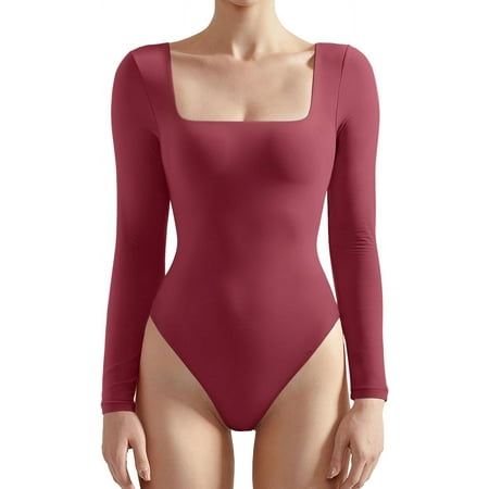 Women Square Neck Long Sleeve Bodysuit Sexy Thong Bodysuit Shirts