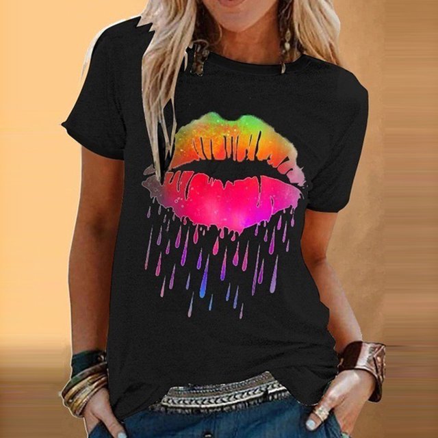 Pntutb moda mujer Casual colorido labio estampado manga corta cuello redondo camiseta blusas tops Pntutb Pntutb-3013