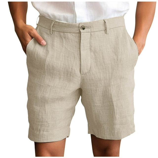 Pantalones Cortos para Hombre con Cremallera Bolsillos Color Sólido Algodón-Lino Medio Pantalones Cortos, Botón Y Cremallera Pantalones Casuales