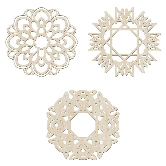 Mandala Wooden Wall Art Set of 3, Bohemian Asian Starry Lattice Motif, Birch Wood Plywood Rustic Wall Art Accent for Hallway Bedroom Living Room and Offices, 11,4" X 11,4" X 0.1", by Ambesonne