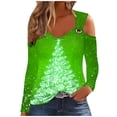 thumbnail image 2 of Chirstmas V Neck Long Sleeve Shirts for Women Xmas Print Twist Knot Cold Shoulder Tops Chirstmas Holiday Basic Tees, 2 of 5