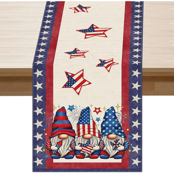4th of July Table Runner Gnome Stars Patriotic America Memorial Day Independence Day 13x36 Inch Dining Table Decoratios Indoor Outdoor Home Decor