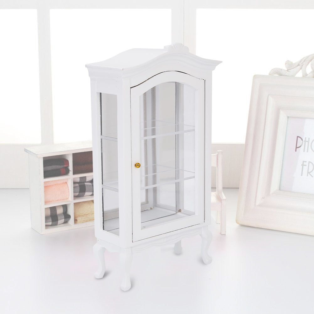 Mini White Wooden 3 Layer Transparent Window Display Cabinet for 1:12 Doll House 