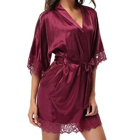GZWYHT Silk Pajamas Clearance Plus Size Pajamas Women s Lady Sexy Lace Sleepwear Satin Nightwear Lingerie Pajamas Suit Robes for Women Silk Robes  Wine L
