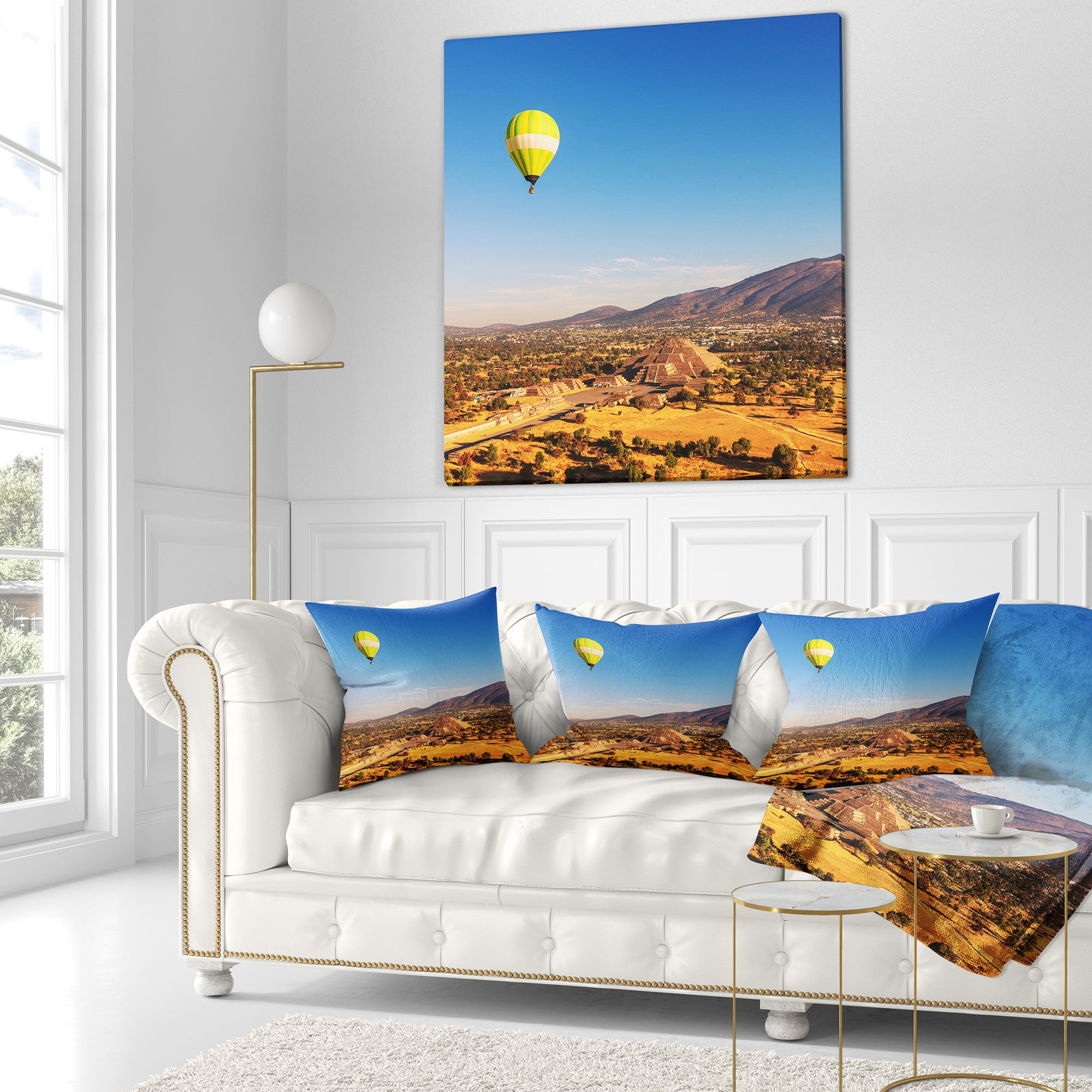 Designart Large Yellow Balloon over Mountains - Landscape Printed Throw Pillow - 18x18