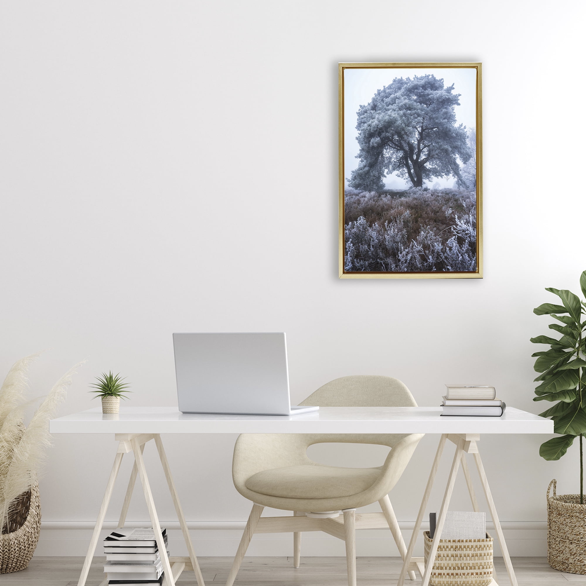 Stupell Industries Frosted Tree in Winter Mist Gold Framed Floater Canvas Wall Art, design by Martin Podt