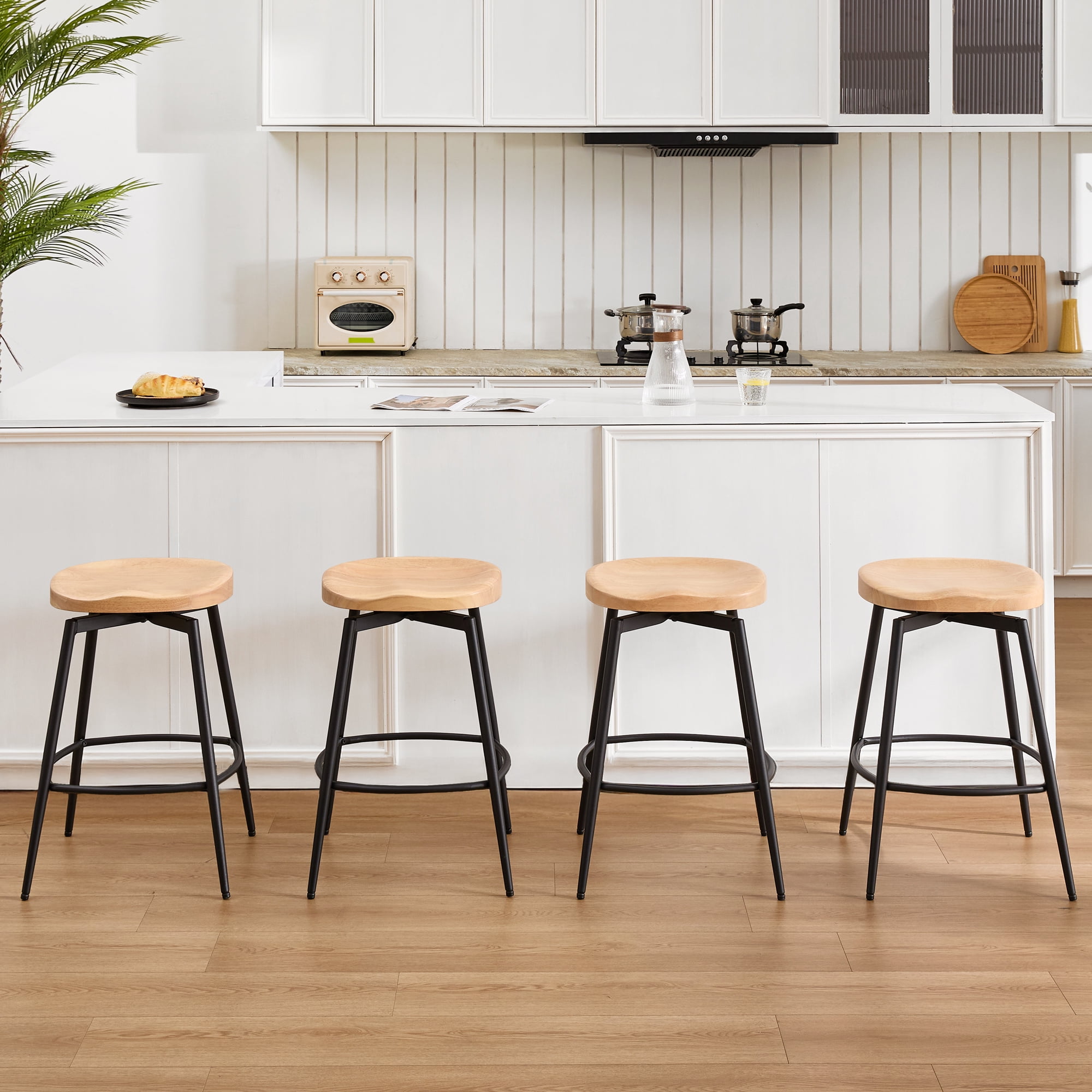 Zesthouse 25″ Swivel Counter Stools Set of 2, Mid-Century Backless Counter Height Barstools with Metal Legs, Solid Rubber Wood Bar Chairs for Kitchen Island, Natural