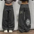 thumbnail image 3 of Y2K, pantalones vaqueros rectos con patrón de calavera y bolsillo clásico retro a la moda, pantalones sueltos de mezclilla de pierna ancha lavados góticos americanos de verano, 3 of 5