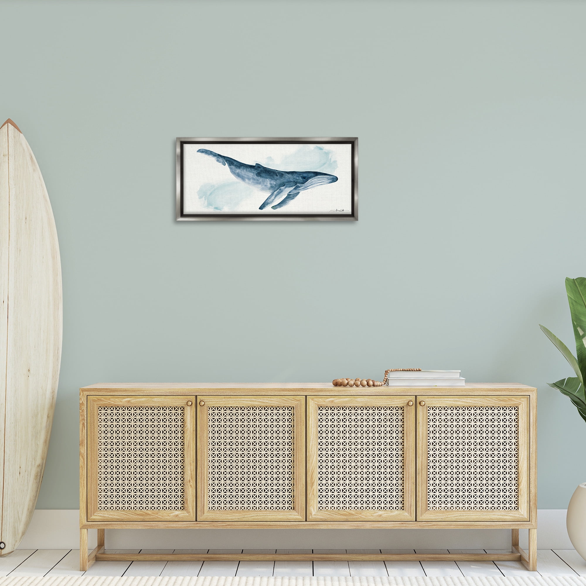 Stupell Industries Nautical Humpback Whale Animals & Insects Painting Gray Floater Framed Canvas Art Print Wall Art, 31 x 14