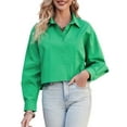 thumbnail image 1 of Asyoly Womens Tops Casual Button Down Cotton Cropped Shirts Solid Long Sleeve Dressy Oversized Blouse with Chest Pocket, 1 of 7