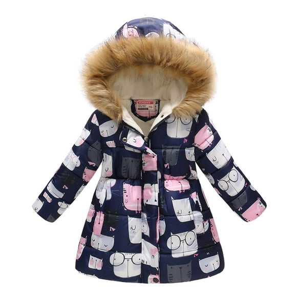 UWBACK Manteau d'Hiver pour Filles à Capuche Imprimé Floral Parka Chaude en Coton Bleu Marine Chat 110