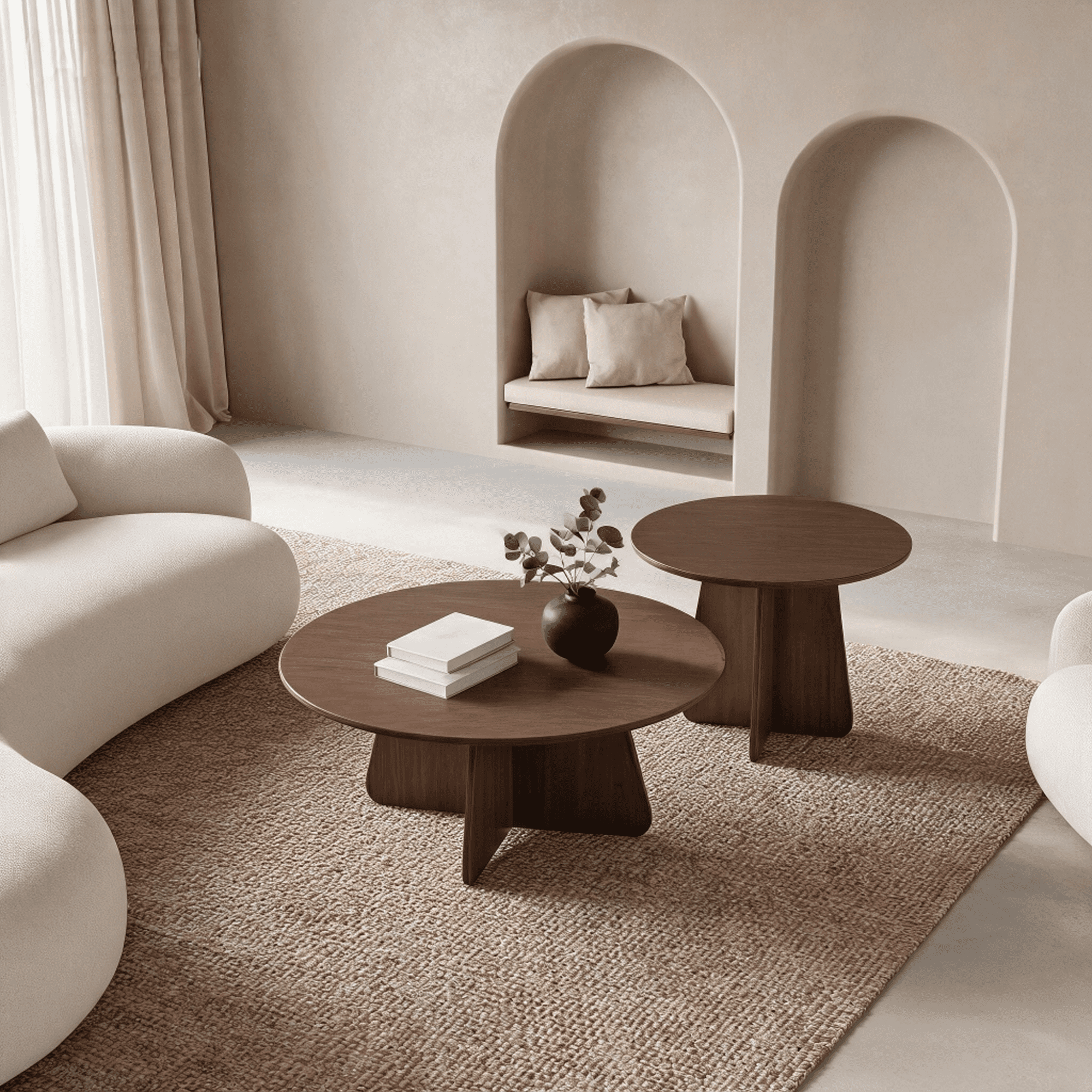 Retro-Style Nesting Coffee Table Set, Available In Walnut Or Natural Wood Finishes, Round Nesting Side Tables With Crisscross Legs, Ideal For Living Rooms And Dining Rooms