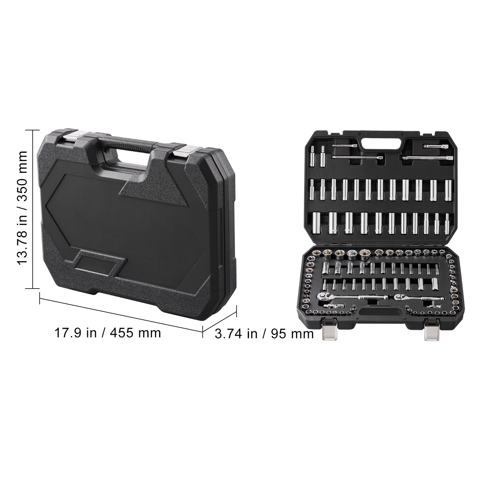 KFFKFF Comprehensive Socket Set, 1/4" and 3/8" Drive Ratchet and Socket Kit, 6-Point Design, 106-Piece SAE and Metric Tool Collection, Includes Deep and Standard Sockets (5/32-1 in, 5-19 mm)