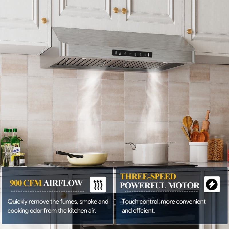 VIKIO 30 Inch Under Cabinet Range Hood 900 CFM Stainless Steel Kitchen Vent Hood with Gesture Control, LED Lights, Dishwasher Safe Baffle Filters